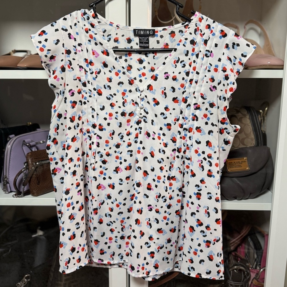 Timing White Colorful Print Cap Sleeve Blouse Women’s Size Large